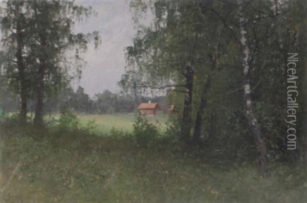 Skogslandskap Med Byggnad Oil Painting - Alfred Mauritz Bergstroem