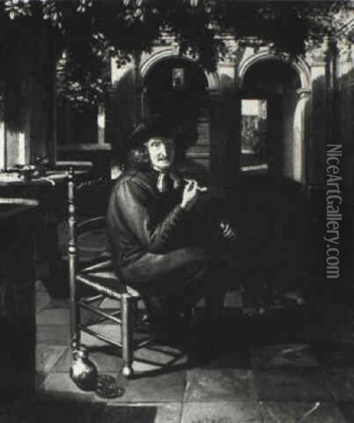 Gentleman Smoking In A Shaded Courtyard Oil Painting - Matthys Naiveu