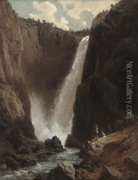 Hikers Before A Waterfall Oil Painting - Johan Fredrik Eckersberg