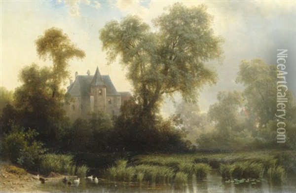 Sommerliche Landschaft An Einem Weiher Mit Einem Herrenhaus Im Hintergrund Oil Painting - Jan (Johann Cornelius) Mali