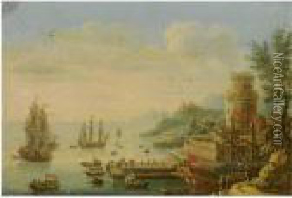 A Fortified Mediterranean Port With Men-o'-war At Anchor Oil Painting - Orazio Grevenbroeck