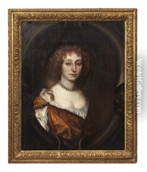 Portrait Of Mrs Giles Keddington In Brown Cartouche With Cornucopia Volutes Oil Painting - Mary Beale