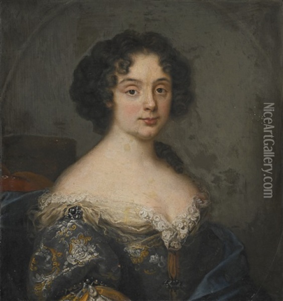 Portrait Of A Lady, Half-length, Wearing A Blue Embroidered Dress Oil Painting - Jakob Ferdinand Voet
