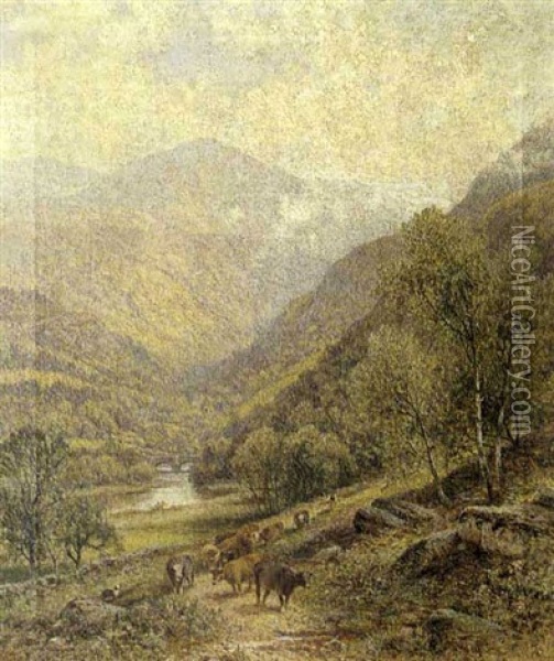 A Wooded Valley With Drover And Cattle On A Path Oil Painting - Alfred Augustus Glendening Sr.