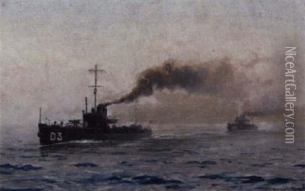 De Tre Torpedobaade Der Eskorterer Paa Dannebrogs Styrbords Side Oil Painting - Christian Benjamin Olsen