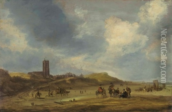 A View Of Egmond Aan Zee, A Horsedrawn Carriage, A Woman Selling Fish, And Other Figures Along The Beach Oil Painting - Cornelis Simonsz van der Schalcke