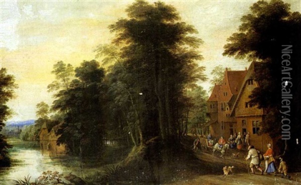 Paysans A L'entree D'un Village En Bordure De Riviere Oil Painting - Joseph van Bredael