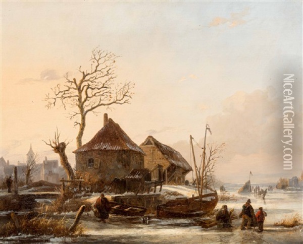 Travellers And Iceskaters On The Ice With Koek-en-zopie Stand In The Background Oil Painting - Abraham Van Der Wayen Pieterszen