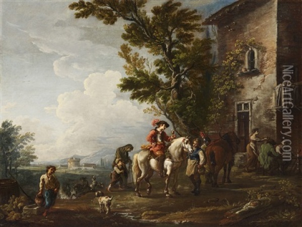 Resting Horseman In Front Of An Inn Oil Painting - Antonio Diziani