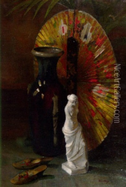 A Still Life With A Japanese Fan And A Plaster Figure Oil Painting - Ans Van Den Berg