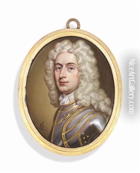 A Gentleman, In Gilt-edged Armour And Long Powdered Curling Wig Oil Painting - Christian Friedrich Zincke