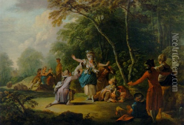 Elegant Company Playing Blind-man's-buff In A Wooded Landscape Oil Painting - Gottlieb Welte