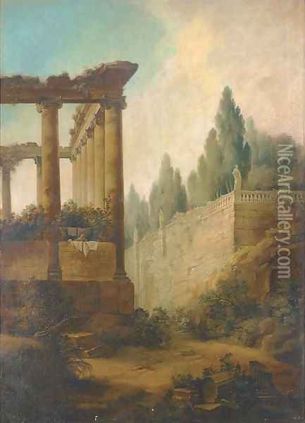 A capriccio of the Roman Forum and the Farnese Gardens Oil Painting - Hubert Robert