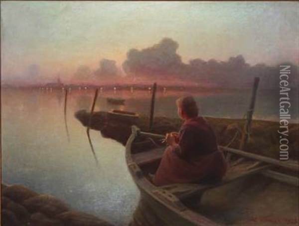 Sunset Coastal Scene With A Woman In A Rowboat Oil Painting - Hans Ole Brasen