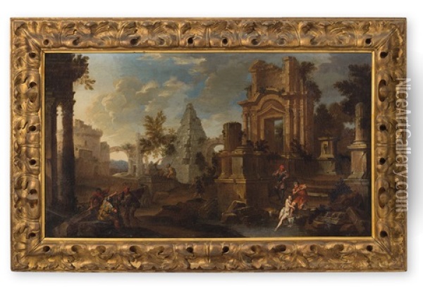 Architekturcapriccio Mit Antiken Ruinen Und Personenstaffage Oil Painting - Giovanni Ghisolfi