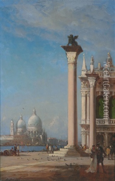 Blick Auf Santa Maria Della Salute Von Den Markussaulen Aus Oil Painting - Amedee Rosier