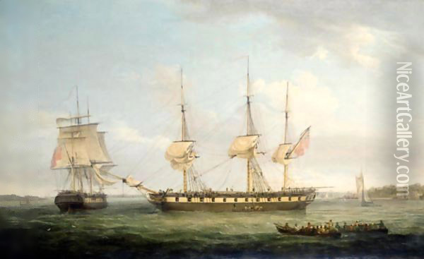 An East Indiaman In Two Positions Off The Indian Coast, The Broadside View Showing Her At Anchor Taking On Native Labourers, The Stern View Depicting Her Getting Under Way Under Reduced Sail Oil Painting - Thomas Whitcombe