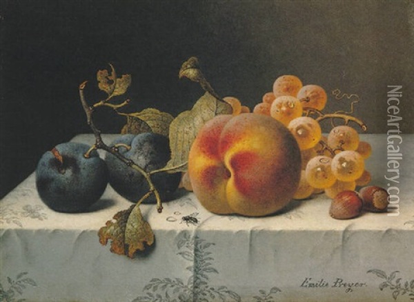 Still Life With A Peach, Grapes And Plums Oil Painting - Emilie Preyer