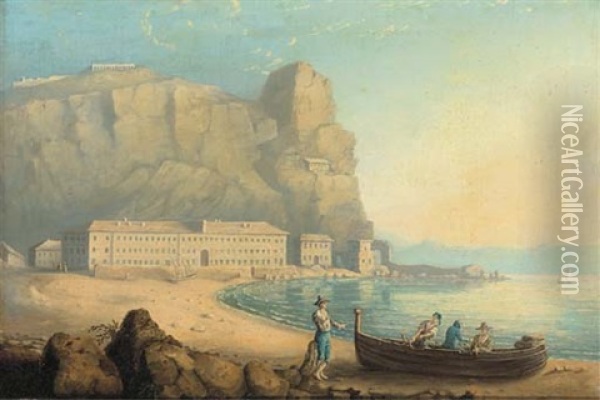 A Mediterranean Coastal Landscape With Fishermen On A Beach Oil Painting - Pietro Fabris