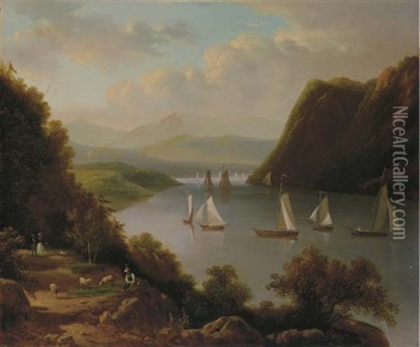 Sailboats On The River Oil Painting - Victor de Grailly