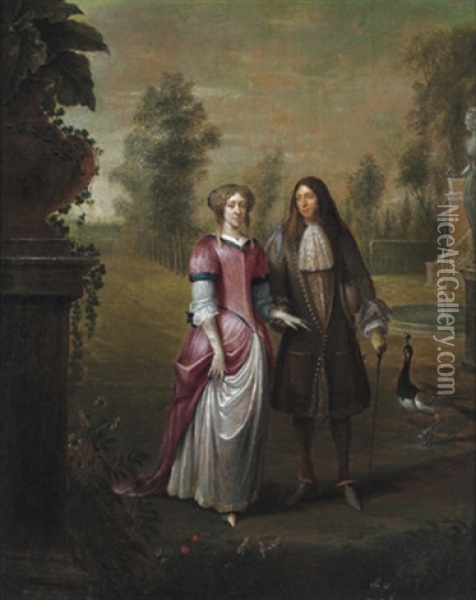 Elegantes Paar In Einem Schlosspark Mit Einem Pfau Vor Einem Steinernen Springbrunnen Oil Painting - Hieronymous (Den Danser) Janssens