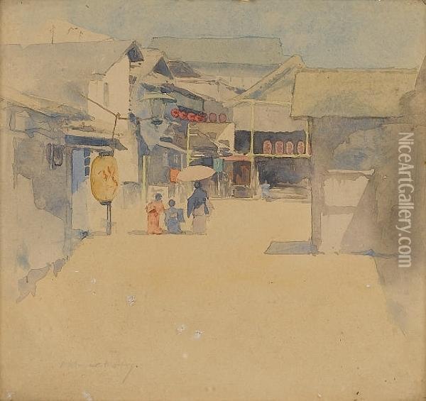 A Mother And Her Two Children On A Japanese Street Oil Painting - Mortimer Luddington Mempes