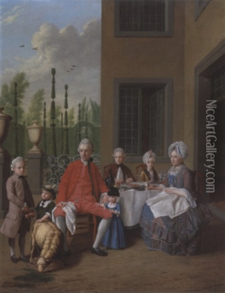 Portrait Of The Van Den Bosch Family, Dining By A House, A Topiary Garden Beyond Oil Painting - Jan Josef Horemans the Younger