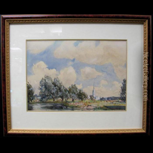 Distant Cathedral With Cattle Grazing Oil Painting - Sidney Dennant Moss