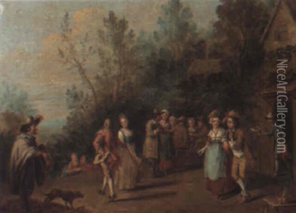 Figures Dancing Outside An Inn Oil Painting - Pieter Angillis