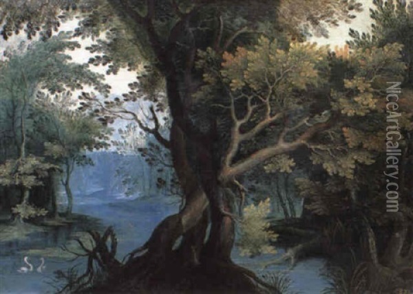 Forest Landscape With Two Swans On A River Oil Painting - Abraham Govaerts