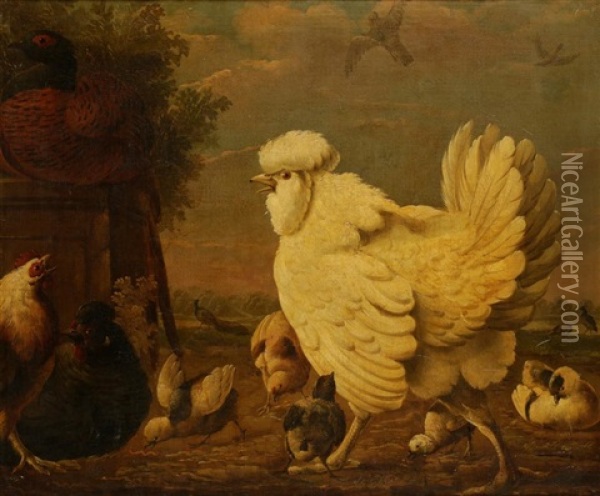 Chickens With Chicks Oil Painting - Melchior de Hondecoeter