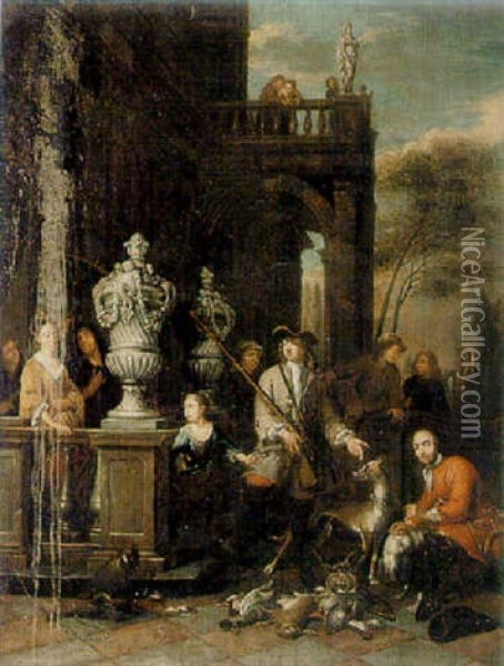 Elegant Ladies And Sportsmen With Their Game In An Architectural Setting Oil Painting - Ignace van der Beken