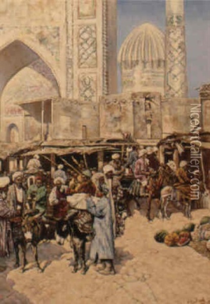 Samarkande: Devant Le Medressah Chir-dor Oil Painting - Franz Roubaud