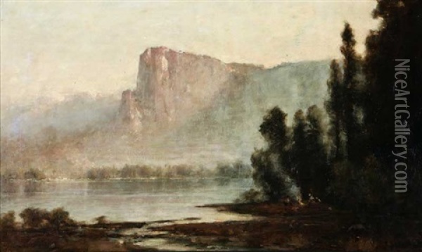 Landscape With Figures Camping Near Lake Oil Painting - Thomas Hill