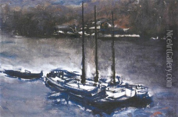 Bateaux La Nuit Oil Painting - Adolphe Peterelle