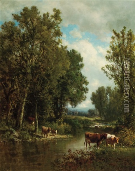 Cattle By The River Oil Painting - William M. Hart