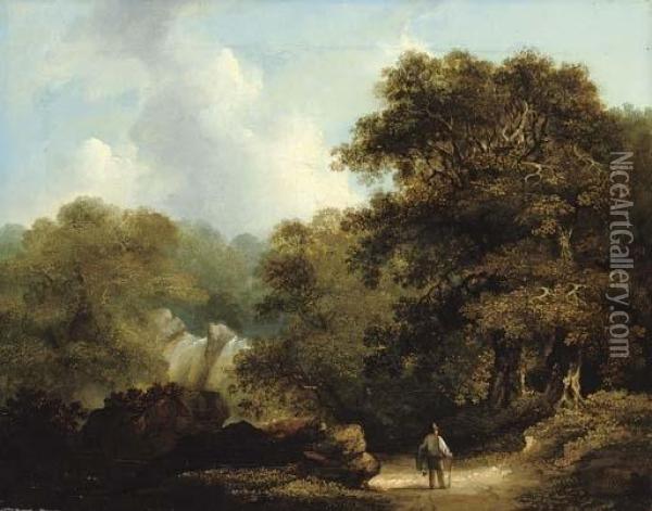 Wooded River Landscape With A Figure In The Foreground Oil Painting - James Arthur O'Connor