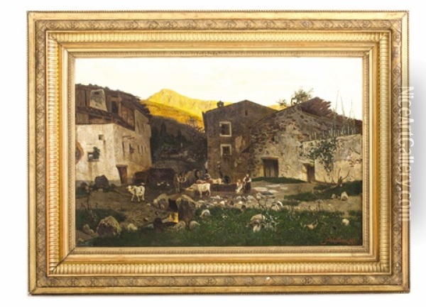 Dorfliche Gebirgsidylle Bei Abendstimmung Mit Bauern Und Tieren Oil Painting - Rudolf Ribarz