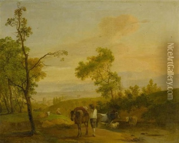 Bauer Mit Seinem Pferd Und Seinen Kuhen Vor Einer Weiten Landschaft Oil Painting - Jean Voltaire Huber