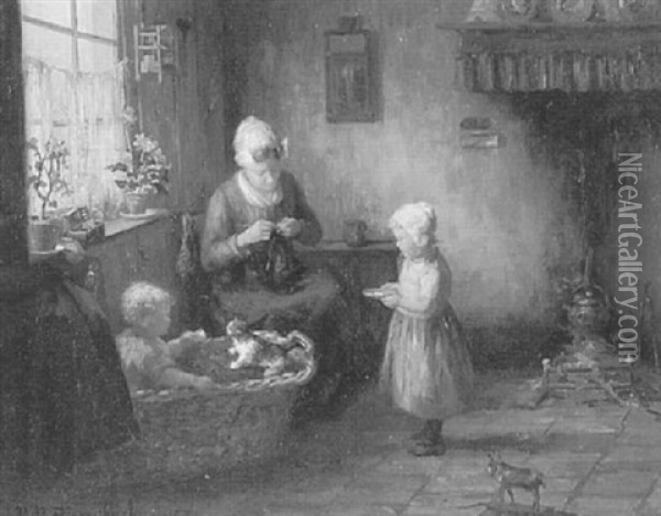 Mother And Children In Kitchen Oil Painting - Hendricus Anthonius Dievenbach