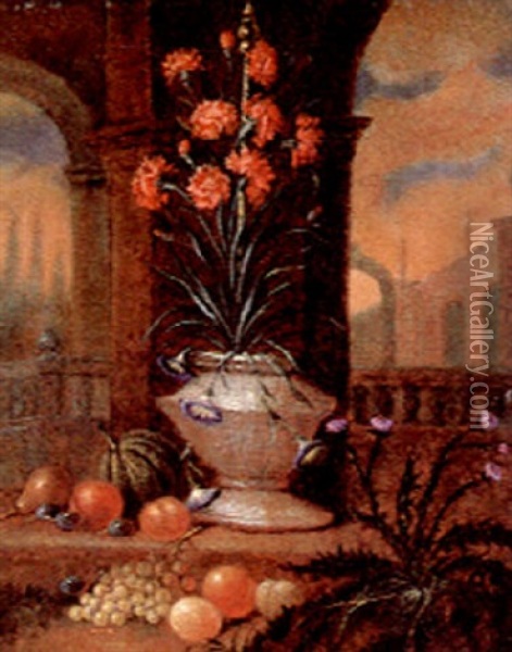 Red Carnations In A Ceramic Vase In A Palace Garden Oil Painting - Jacob van Huysum