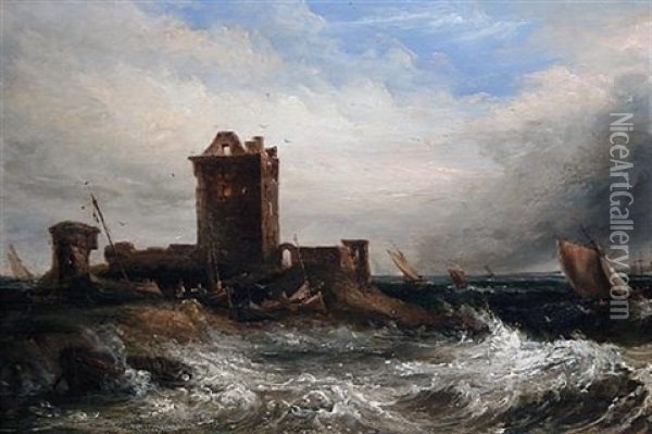 A Coastal Scene With A Ruined Tower And Sailing Boats In Choppy Seas Oil Painting - Sir George Chambers