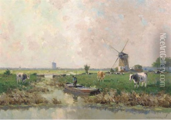 At Work In A Polder Landscape Oil Painting - Gerard Delfgaauw