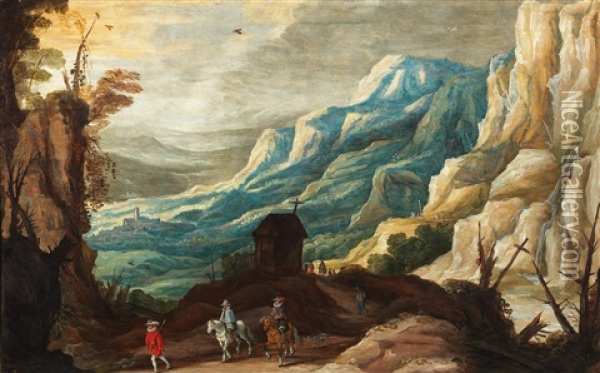 A Mountainous Landscape With Horsemen And Travellers Oil Painting - Joos de Momper the Younger