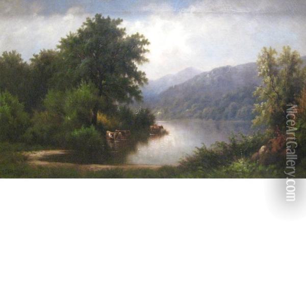 River Landscape With Wading Cows Oil Painting - G.R. Lambert