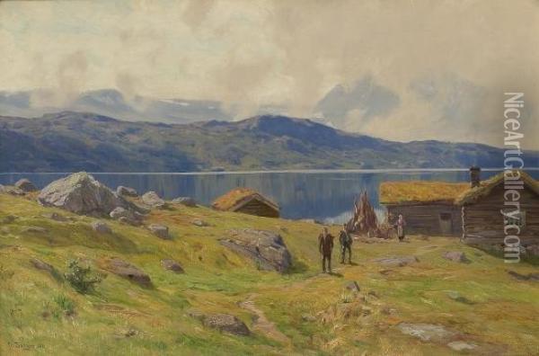 Setervoll Ved Innsjomed Folkeliv Oil Painting - Fredrik Borgen