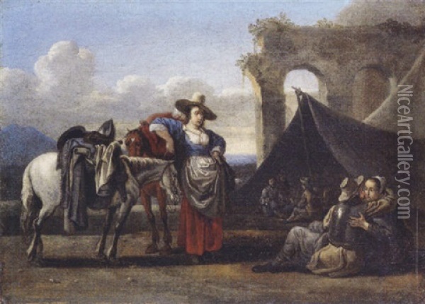 A Procuress And A Couple Near An Encampment, In An Italianate Landscape Oil Painting - Jan van den Hecke the Elder