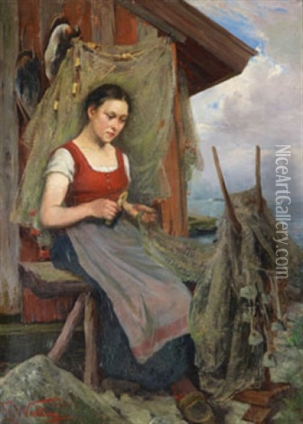 Fiskarflicka Lagar Nat Oil Painting - Elisabeth Warling