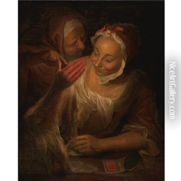 Two Women By Candlelight: The Fortune Teller Oil Painting - John Theodore Heins