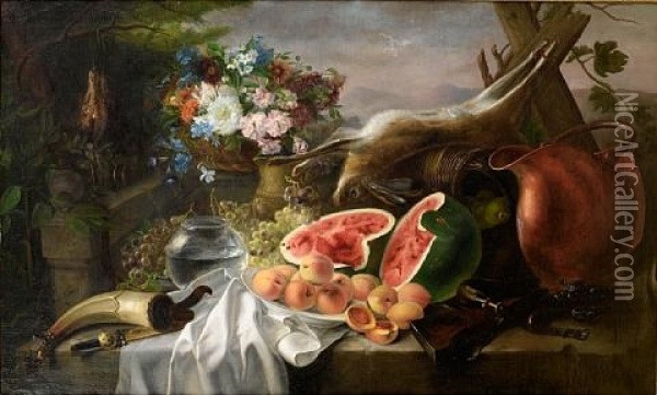 Still Life With A Watermelon Oil Painting - Jose Maria Bracho Murillo